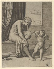 Venus drying her foot with a piece of drapery, Cupid in front of her, holding a bow..., ca. 1510-27. Creator: Marcantonio Raimondi.