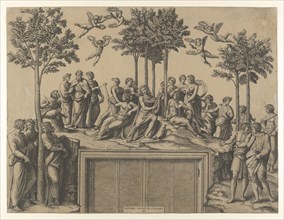 Apollo sitting on Parnassus surrounded by the muses and famous poets, ca. 1517-20., ca. 1517-20. Creator: Marcantonio Raimondi.