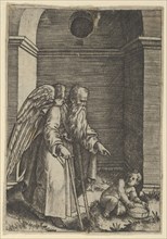 An elderly winged man with a long beard walking with crutches, possibly representin..., ca. 1510-27. Creator: Marcantonio Raimondi.