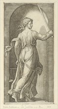Justice personified by a young woman holding a sword in her raised right hand, scal..., ca. 1515-25. Creator: Marcantonio Raimondi.