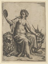 Prudence as a young woman, sitting on a lion and holding the neck of a dragon with ..., ca. 1510-27. Creator: Marcantonio Raimondi.