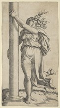 A young woman personifying Force or Strength holding a column, ca. 1517-27. Creator: Marcantonio Raimondi.