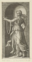 Temperance personfied by a woman standing in a niche holding a bit, from 'The Virtu..., ca. 1515-25. Creator: Marcantonio Raimondi.