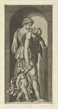 Charity personified by a woman with two childen, from 'The Virtues', ca. 1515-25. Creator: Marcantonio Raimondi.