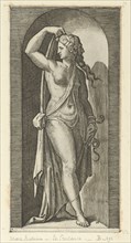 Prudence personified by a woman standing in a niche, holding a shawl in her right h..., ca. 1515-25. Creator: Marcantonio Raimondi.