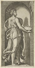 Hope personified as a woman standing in a niche facing right, holding a container o..., ca. 1515-25. Creator: Marcantonio Raimondi.
