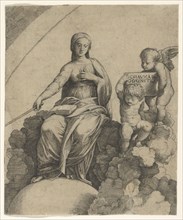 A personification of Philosophy sitting on clouds with her feet resting on a globe,..., ca. 1510-15. Creator: Marcantonio Raimondi.