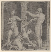 A woman kneeling at centre reaching up with her right hand to place a ring on the f..., ca. 1510-27. Creator: Marcantonio Raimondi.