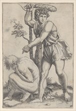 The seated naked man at left being beaten with a fox's tail, ca. 1510-27. Creator: Marcantonio Raimondi.