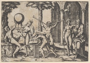 A man with two trumpets in the centre flanked by other figures including an old and..., ca. 1510-27. Creator: Marcantonio Raimondi.