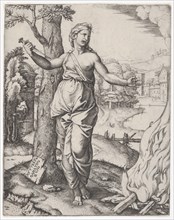Dido holding a dagger in her right hand, left arm outstreched, ca. 1510. Creator: Marcantonio Raimondi.