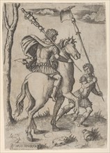 Scipio Africanus on horseback preceeded by a foot soldier holding a standard, ca...., ca. 1500-1534. Creator: Marcantonio Raimondi.