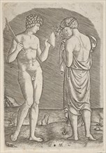 A naked man at left showing an axe to a woman at right, ca. 1510-27. Creator: Marcantonio Raimondi.