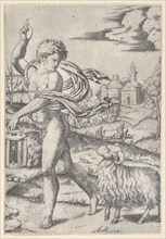 A naked young man walking left, carrying a lantern and looking backwards over his s..., ca. 1510-27. Creator: Marcantonio Raimondi.