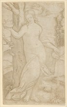 A woman watering a plant, a pot in her raised right hand, ca. 1507-8. Creator: Marcantonio Raimondi.