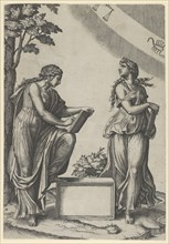 Two women of the zodiac standing beneath the signs of Libra and Scorpio, ca. 1517-20.. Creator: Marcantonio Raimondi.