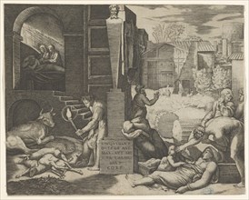A plague scene at right, a man at left holding a torch illuminating part of the sce..., ca. 1515-16. Creator: Marcantonio Raimondi.