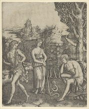 A young man sitting at right resting his head in his hand, a snake with a womans he..., ca. 1510-20. Creator: Marcantonio Raimondi.