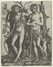 Apollo standing at the left, his hand resting on the shoulder of Hyacinthus, Cupid in the ..., 1506. Creator: Marcantonio Raimondi.