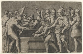 Alexander the Great commanding that the work of Homer be placed in the tomb of Ac..., ca. 1500-1534. Creator: Marcantonio Raimondi.