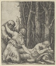 Man sleeping at the edge of a wood with a woman knealing at his side with one han..., ca. 1500-1534. Creator: Marcantonio Raimondi.