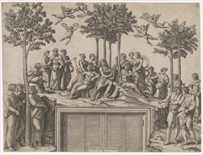 Apollo sitting on Parnassus surrounded by the muses and famous poets, ca. 1517-20.. Creator: Marcantonio Raimondi.