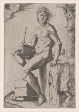 Seated Man Holding a Flute, ca. 1500-1550. Creator: Marcantonio Raimondi.
