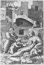 The 'Virgin with the long thigh' sitting with the Christ Child, St John the Baptist..., ca. 1518-19. Creator: Marcantonio Raimondi.