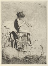 Idyll: a naked youth seated outdoors on a plinth playing a double flute, a goat on the gro..., 1865. Creator: Mariano Jose Maria Bernardo Fortuny y Carbo.