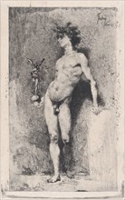 Victory: a naked youth standing facing left holding a statue of winged Victory in his righ..., 1869. Creator: Mariano Jose Maria Bernardo Fortuny y Carbo.