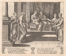 Plate 3: Psyche's two sisters are married to kings, with Psyche standing at left, accom..., 1530-60. Creator: Master of the Die.
