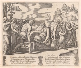 Plate 5: Psyche, seated, being taken to a mountain with a musical troupe lead the way, ..., 1530-60. Creator: Master of the Die.