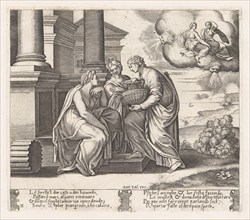 Plate 11: Psyche offering presents to her sisters who also appear on the clouds at uppe..., 1530-60. Creator: Master of the Die.