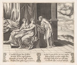 Plate 12: Psyche's sisters persuading Psyche that she has been sleeping with a serpent,..., 1530-60. Creator: Master of the Die.