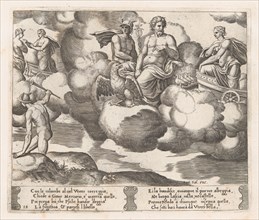Plate 18: Venus in her dove-drawn chariot complaining to Jupiter, who is accompanied by..., 1530-60. Creator: Master of the Die.