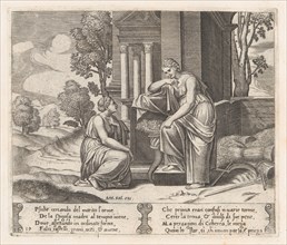 Plate 19: Ceres at right, leaning on a pedestal, refusing to assist Psyche, from the St..., 1530-60. Creator: Master of the Die.