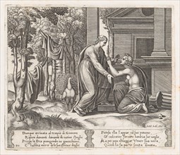 Plate 20: Juno, standing at left, sends away Psyche, who kneels before her, from the St..., 1530-60. Creator: Master of the Die.