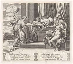 Plate 21: Female personifications of Sorrow and Pain at right punishing Psyche at the b..., 1530-60. Creator: Master of the Die.