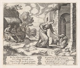 Plate 26: Psyche enters the underworld giving an offering to Cerberus, with two elderly..., 1530-60. Creator: Master of the Die.