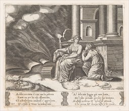 Plate 27: Proserpine gives Psyche the box of beauty, from the Story of Cupid and Psyche..., 1530-60. Creator: Master of the Die.