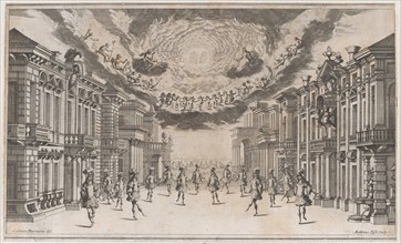 A group of young men dancing as the gods look on from above; set design from 'Il Pomo D'Or..., 1668. Creator: Mathäus Küsel.
