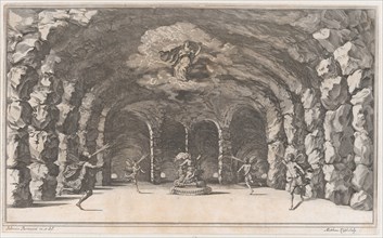 Cavern of Aeolus; a cave with wind gods blowing on either side of Aeolus who sits enthrone..., 1668. Creator: Mathäus Küsel.
