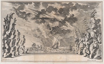 A shore framed by rocks, with Neptune in his chariot on the left and Salacia in hers on th..., 1668. Creator: Mathäus Küsel.