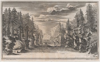 Landscape with two figures running along the bank of the river Xanto; set design from 'Il ..., 1668. Creator: Mathäus Küsel.