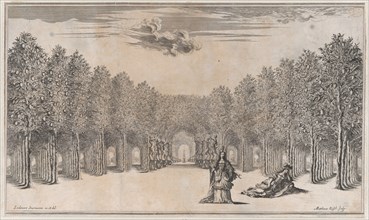 Two females in the foreground, one standing the other reclining, surrounded by tree-lined ..., 1668. Creator: Mathäus Küsel.