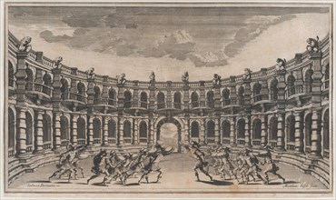 Amphitheater with two groups of soldiers running toward each other; set design from 'Il Po..., 1668. Creator: Mathäus Küsel.