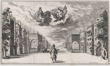 A man stands at center, flanked by rows of buildings; above Jupiter atop an eagle and Juno..., 1668. Creator: Mathäus Küsel.
