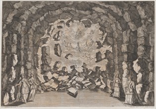 A grotto with collapsing rocks, opening to a sky full of the enthroned gods of Olympus, in..., 1678. Creator: Mathäus Küsel.