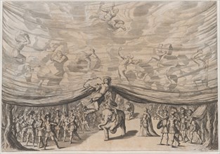 Prologue; the stage curtain is lifted to reveal a soldier on an elephant surrounded by his..., 1678. Creator: Mathäus Küsel.