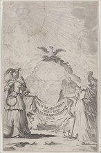 Two women holding a banner at center as a phoenix rises above; set design from 'Il Fuoco E..., 1674. Creator: Mathäus Küsel.